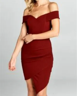 Asymettrical Off The Shoulder Mini Dress in Wine | Wine