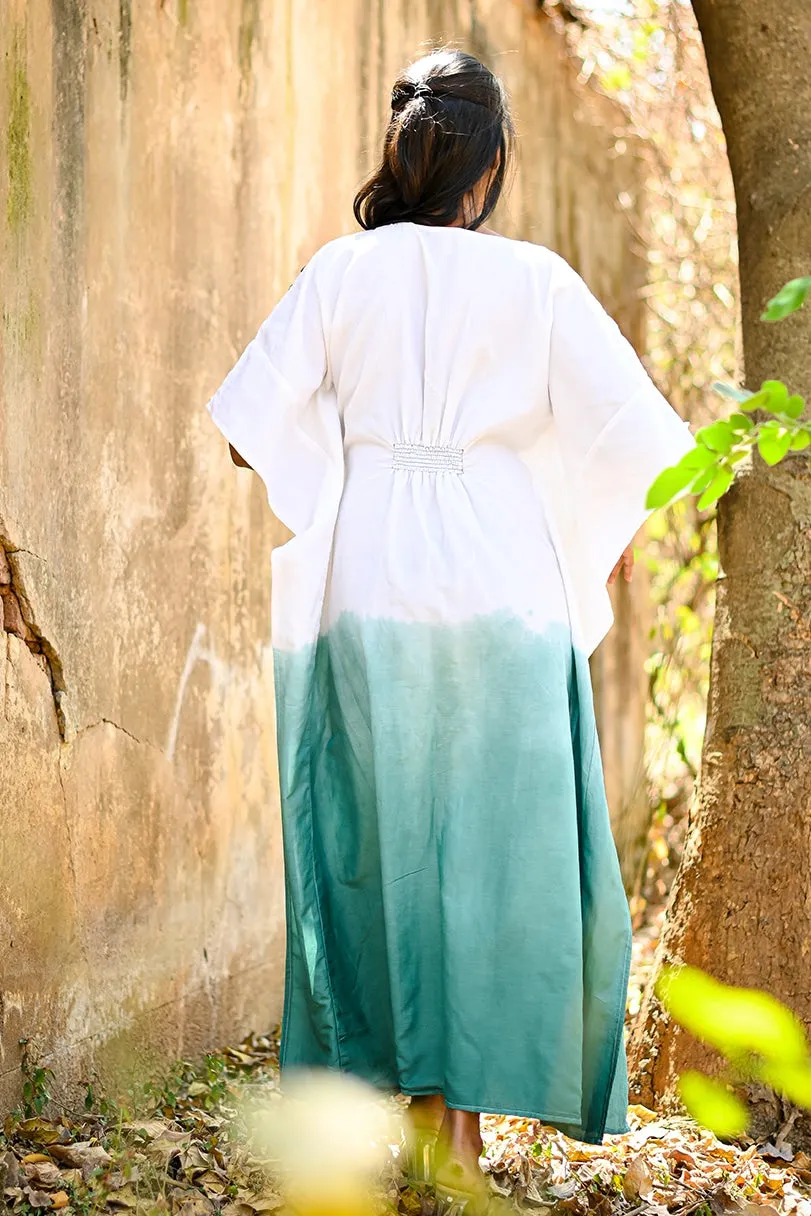 Basil Cotton Silk Teal Ombre Maxi Kaftan