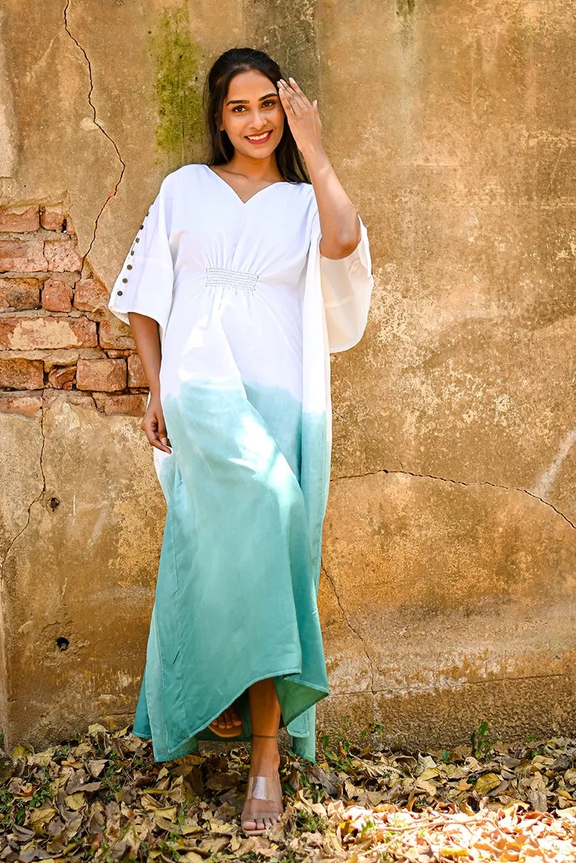 Basil Cotton Silk Teal Ombre Maxi Kaftan