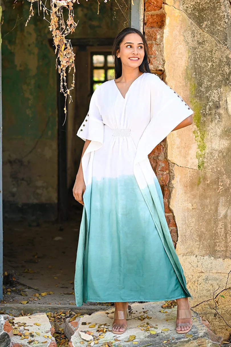 Basil Cotton Silk Teal Ombre Maxi Kaftan