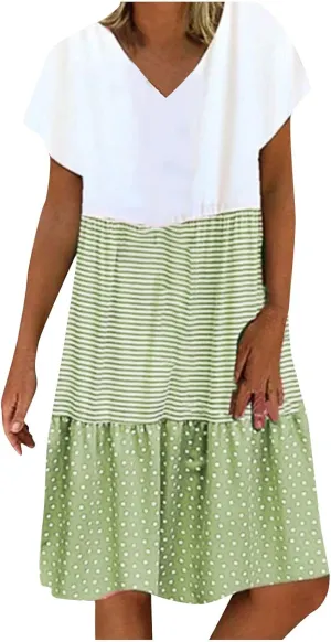 hlysgo Summer Dresses for Women Plus Size Short Sleeve V Neck Mini Dress Trendy Polka Dots Stripes Knee Length Peplum Dress