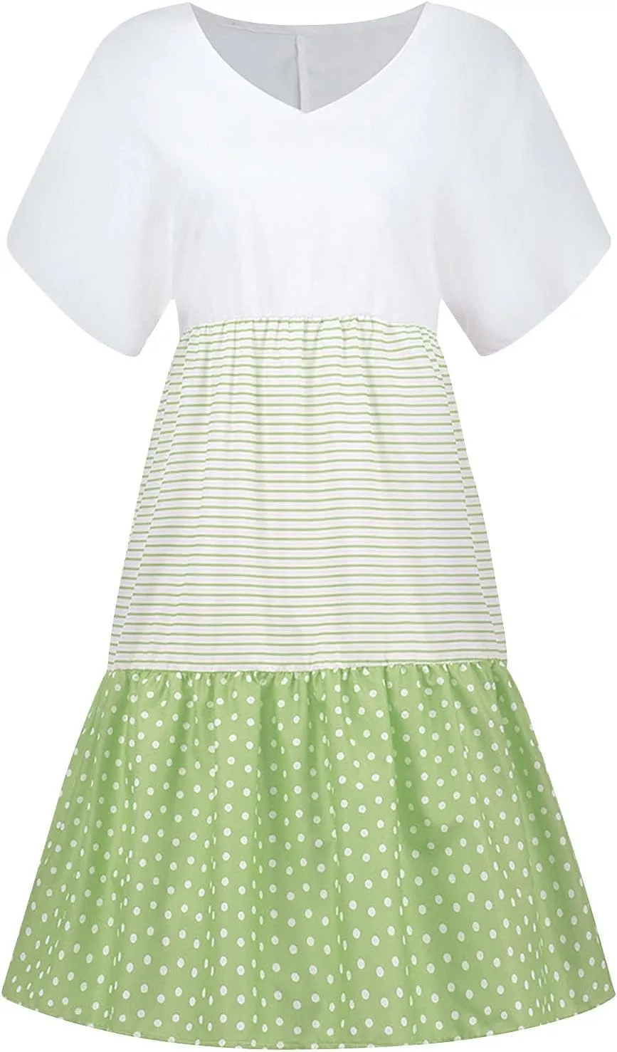 hlysgo Summer Dresses for Women Plus Size Short Sleeve V Neck Mini Dress Trendy Polka Dots Stripes Knee Length Peplum Dress