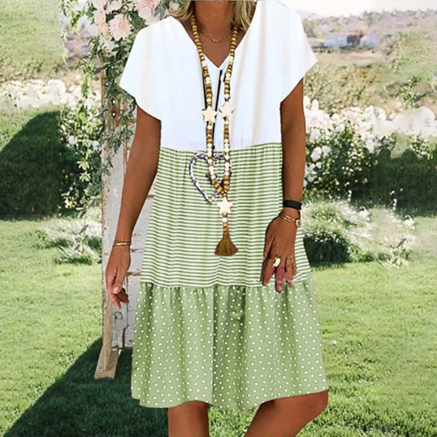hlysgo Summer Dresses for Women Plus Size Short Sleeve V Neck Mini Dress Trendy Polka Dots Stripes Knee Length Peplum Dress