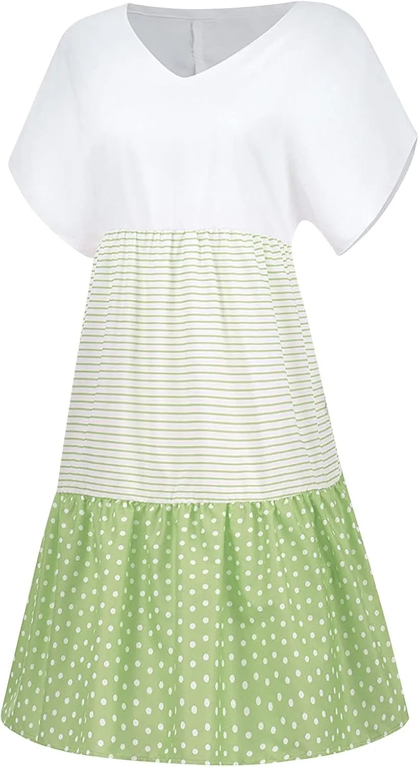 hlysgo Summer Dresses for Women Plus Size Short Sleeve V Neck Mini Dress Trendy Polka Dots Stripes Knee Length Peplum Dress