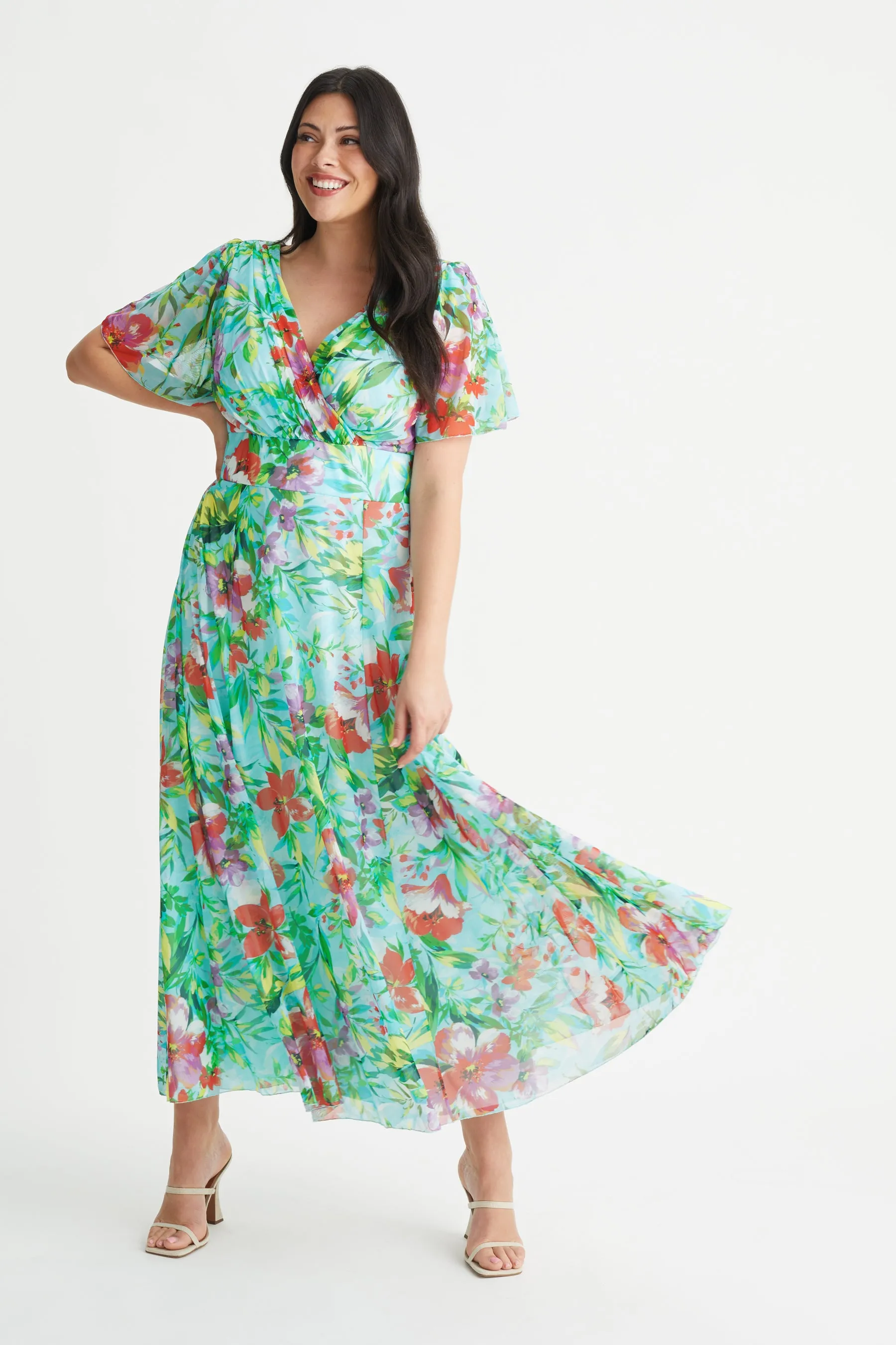 Isabelle Aqua Floral Float Sleeve Maxi Dress