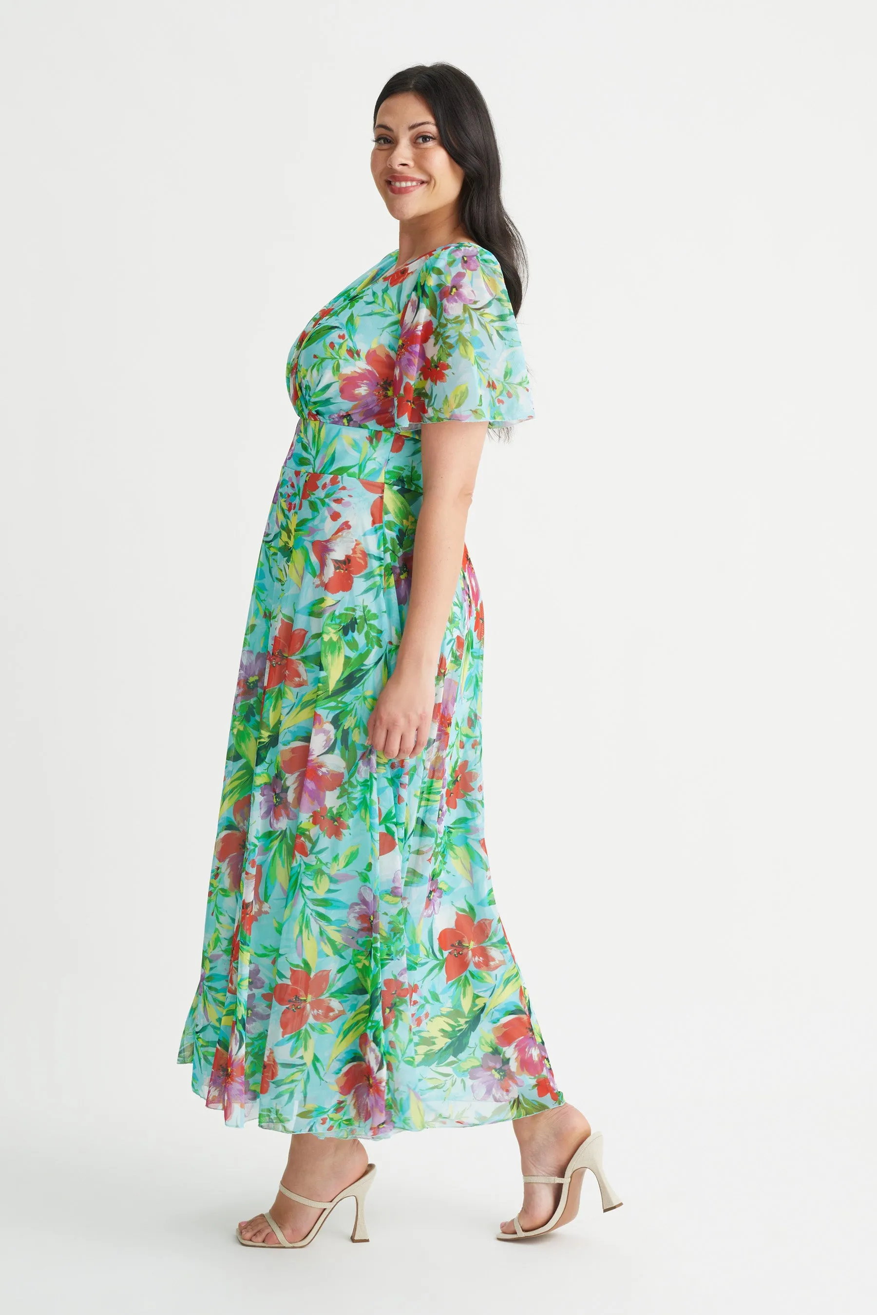 Isabelle Aqua Floral Float Sleeve Maxi Dress