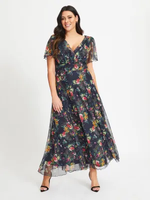 Isabelle Navy Pink Yellow Print Float Sleeve Maxi Dress