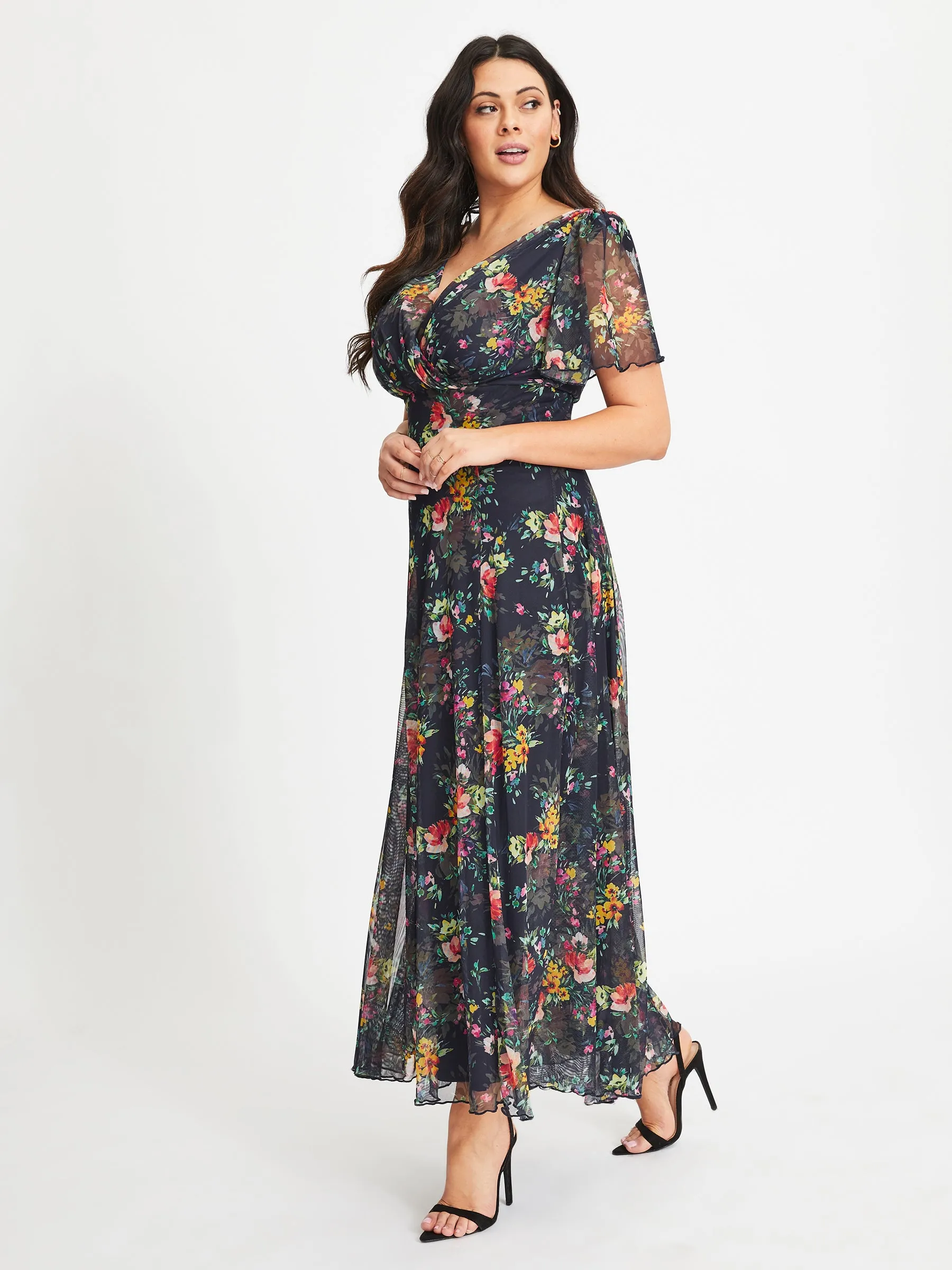Isabelle Navy Pink Yellow Print Float Sleeve Maxi Dress
