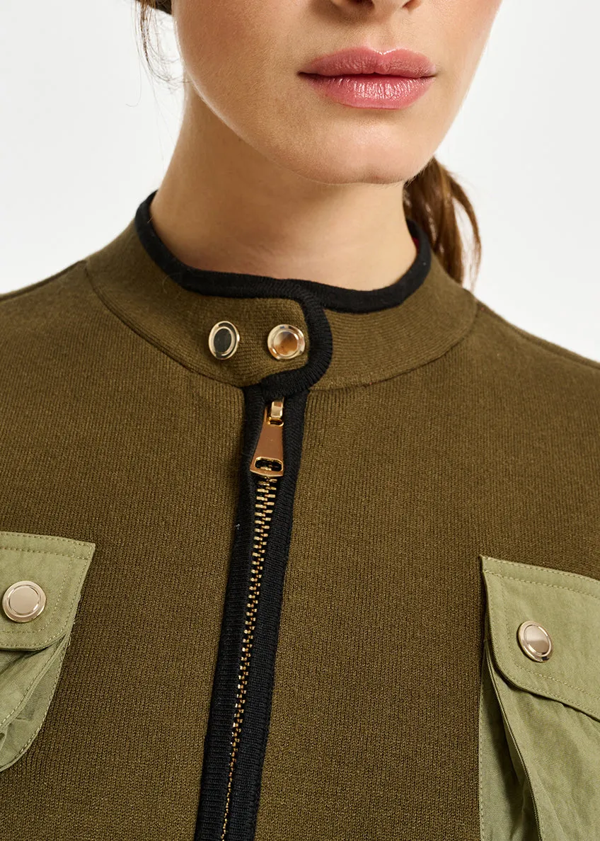Khaki and off-white utility-inspired knit jacket