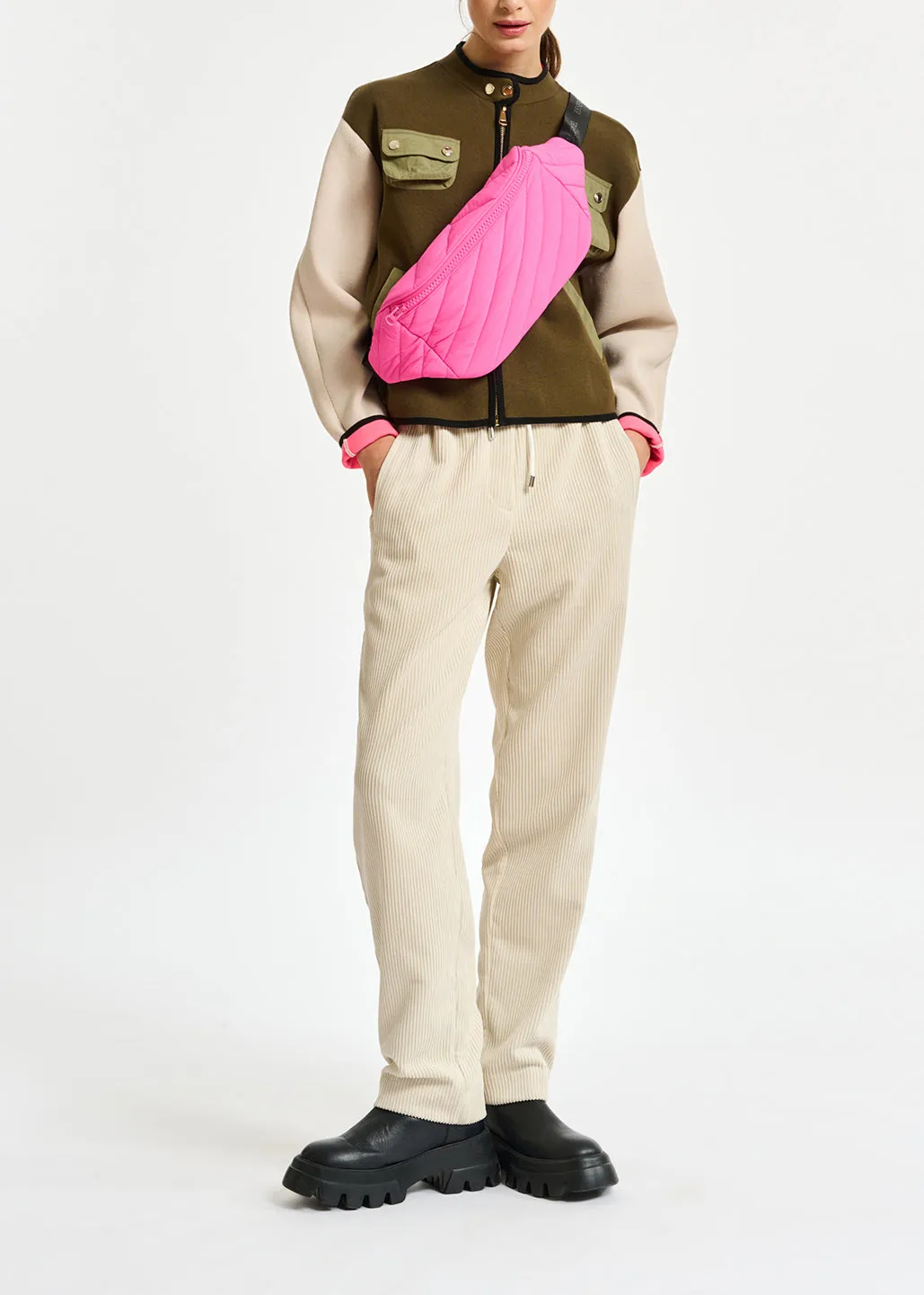 Khaki and off-white utility-inspired knit jacket