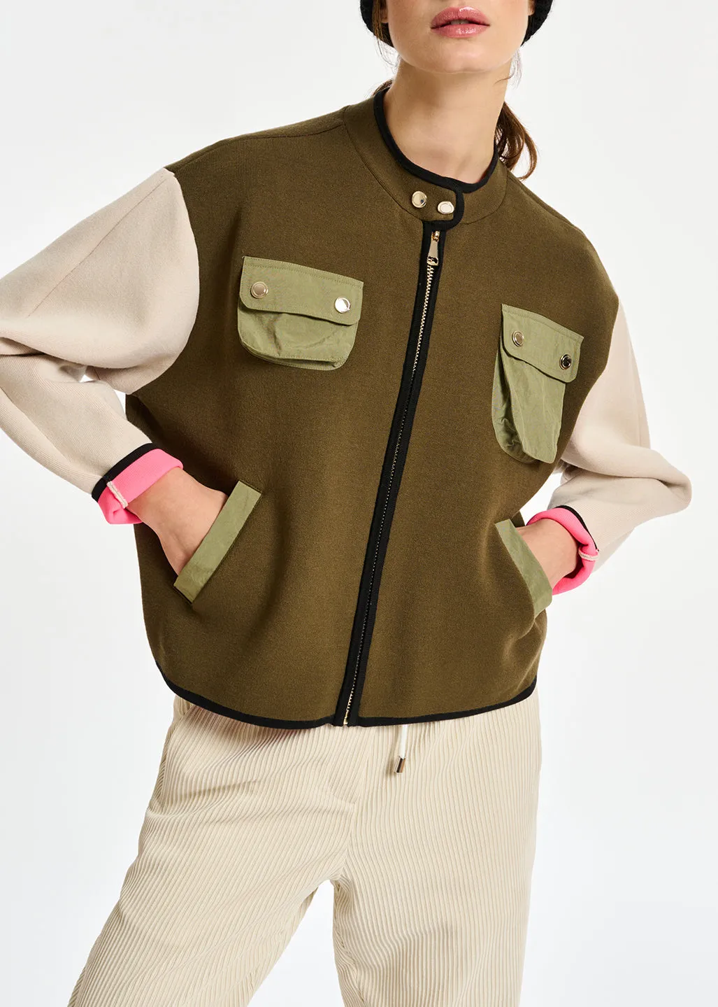 Khaki and off-white utility-inspired knit jacket
