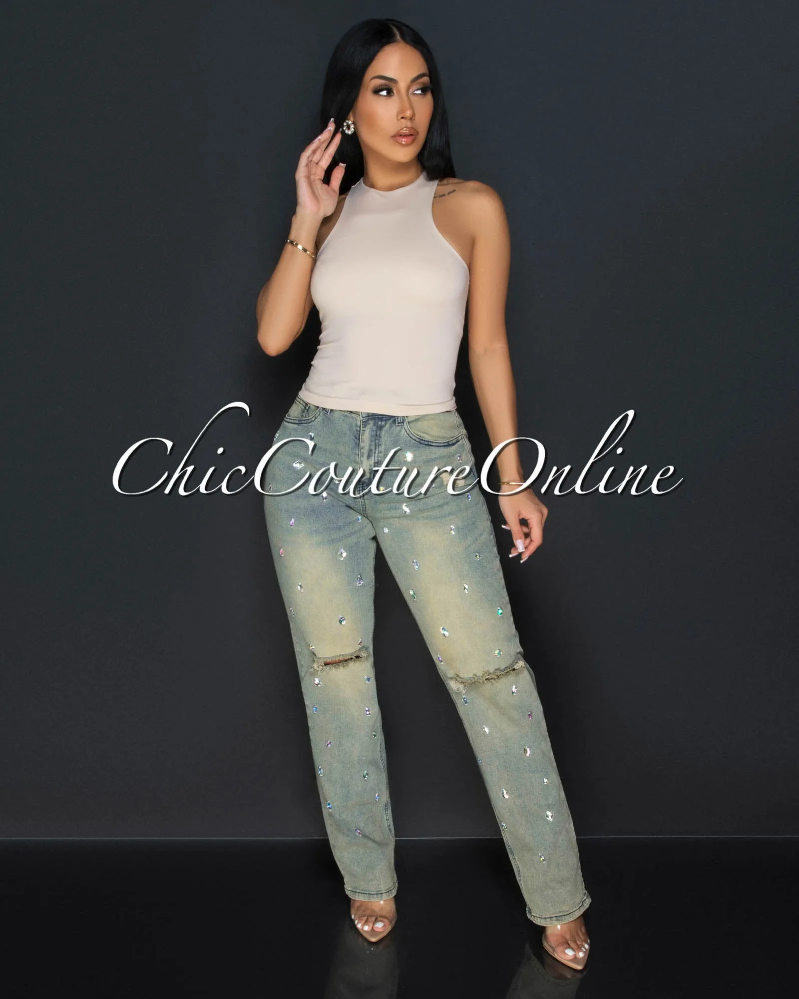 Kina Beige High Neck Racerback Tank Top