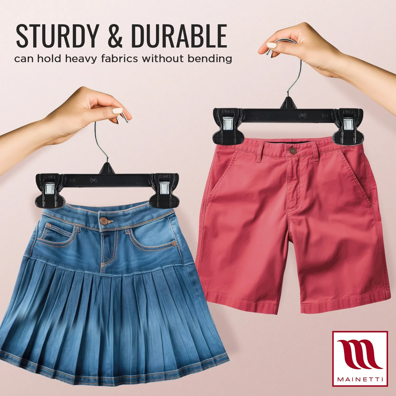 Mainetti 6008, 8" Black Plastic, Pant Skirt Slack Bottom Hangers, with turnable metal hook, sturdy plastic non-slip clips