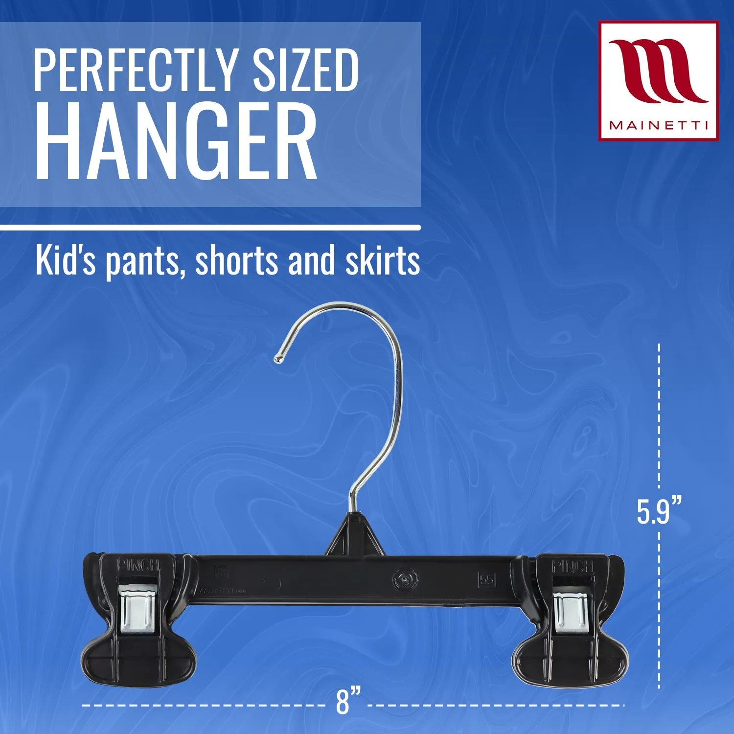 Mainetti 6008, 8" Black Plastic, Pant Skirt Slack Bottom Hangers, with turnable metal hook, sturdy plastic non-slip clips