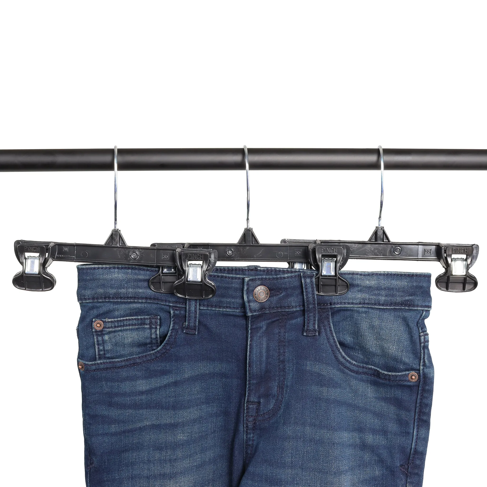 Mainetti 6008, 8" Black Plastic, Pant Skirt Slack Bottom Hangers, with turnable metal hook, sturdy plastic non-slip clips