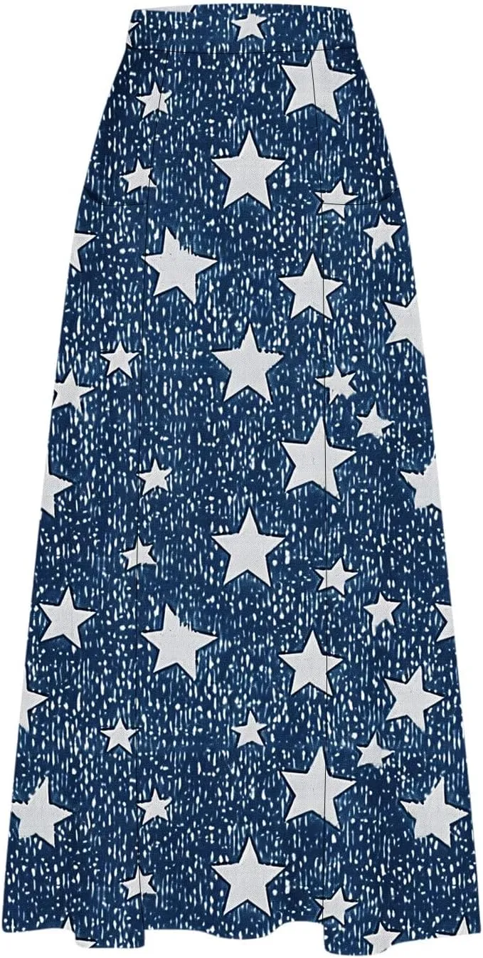 Maxi Skirts for Womens High Waist Boho Casual Elastic Skirt Beach Vacation Summer Trendy Long Skirts with Pockets