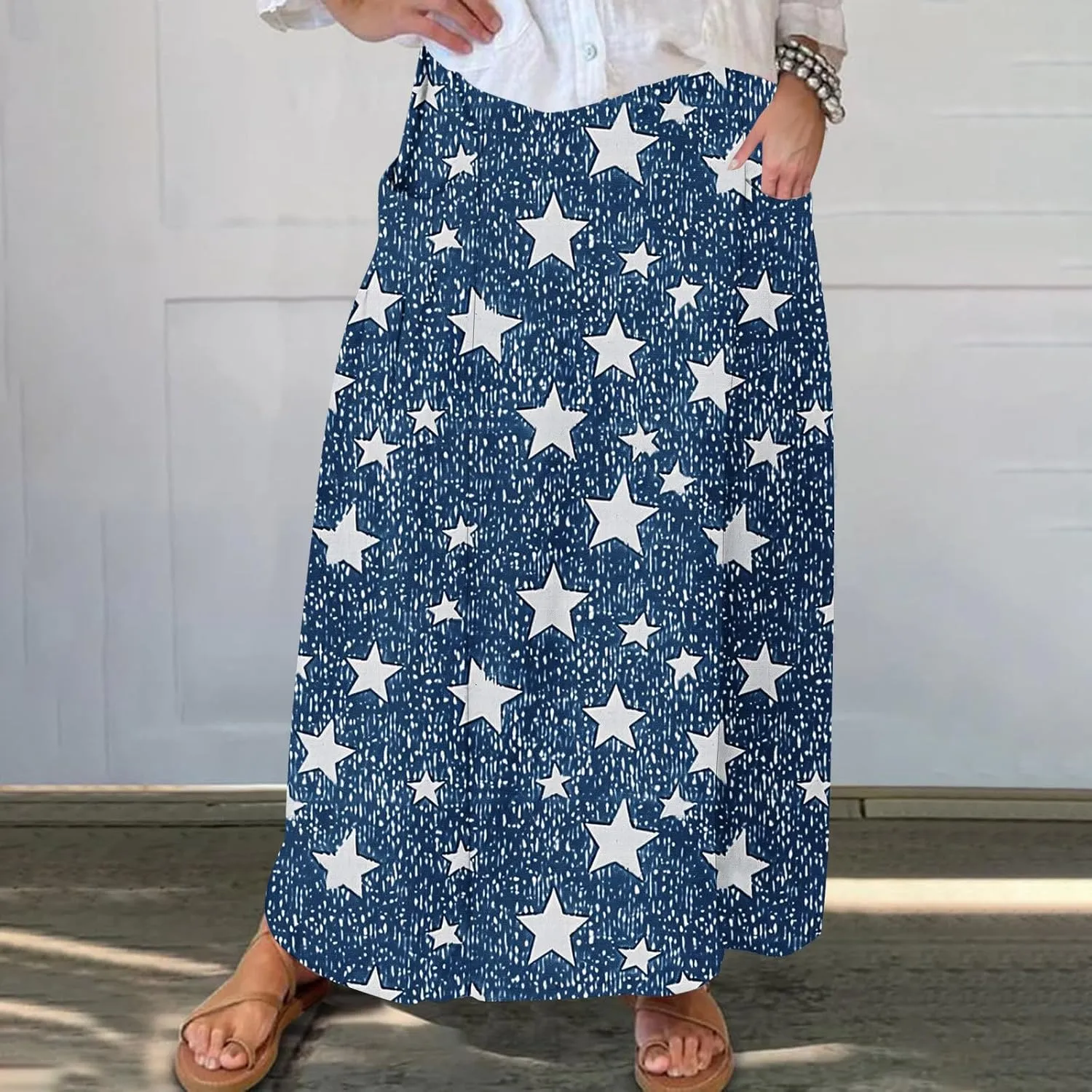 Maxi Skirts for Womens High Waist Boho Casual Elastic Skirt Beach Vacation Summer Trendy Long Skirts with Pockets
