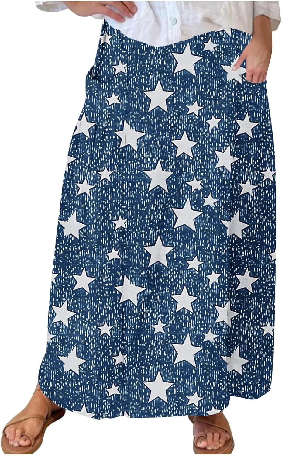 Maxi Skirts for Womens High Waist Boho Casual Elastic Skirt Beach Vacation Summer Trendy Long Skirts with Pockets