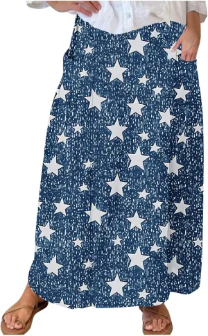Maxi Skirts for Womens High Waist Boho Casual Elastic Skirt Beach Vacation Summer Trendy Long Skirts with Pockets