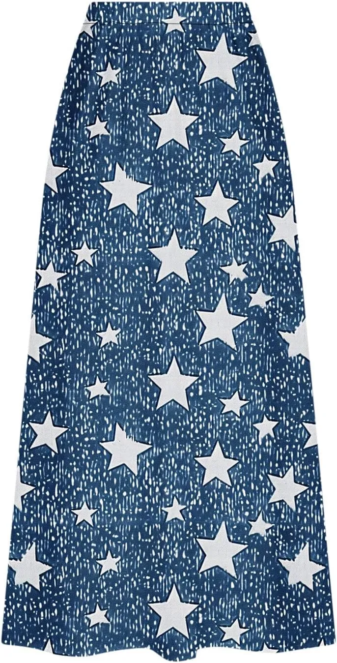 Maxi Skirts for Womens High Waist Boho Casual Elastic Skirt Beach Vacation Summer Trendy Long Skirts with Pockets