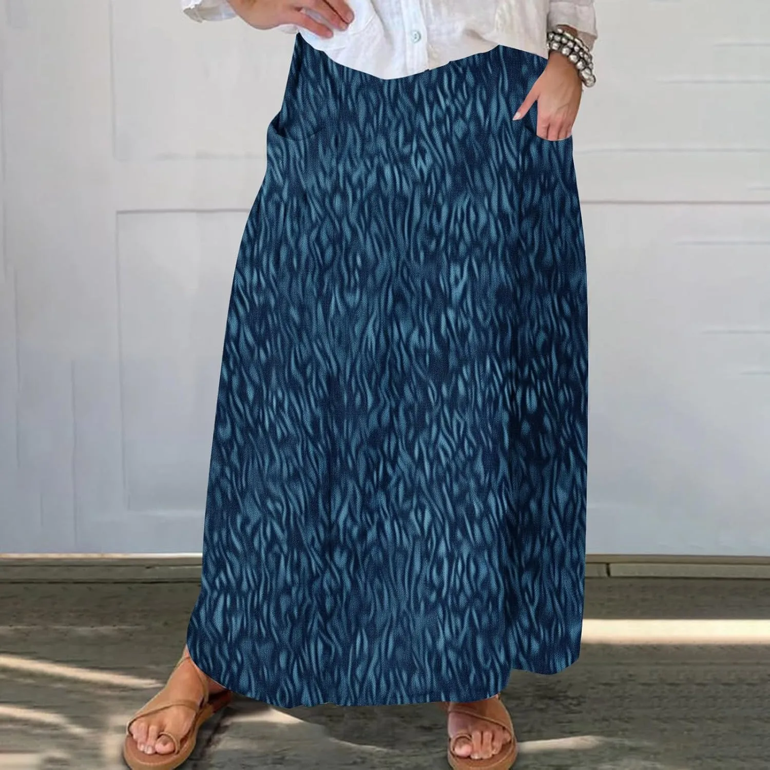 Maxi Skirts for Womens High Waist Boho Casual Elastic Skirt Beach Vacation Summer Trendy Long Skirts with Pockets