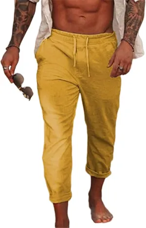 Mens Fashion Cotton Linen Pants Slim Fit Drawstring Lightweight Sweatpants Loose Fit Casual Outdoor Beach Trousers