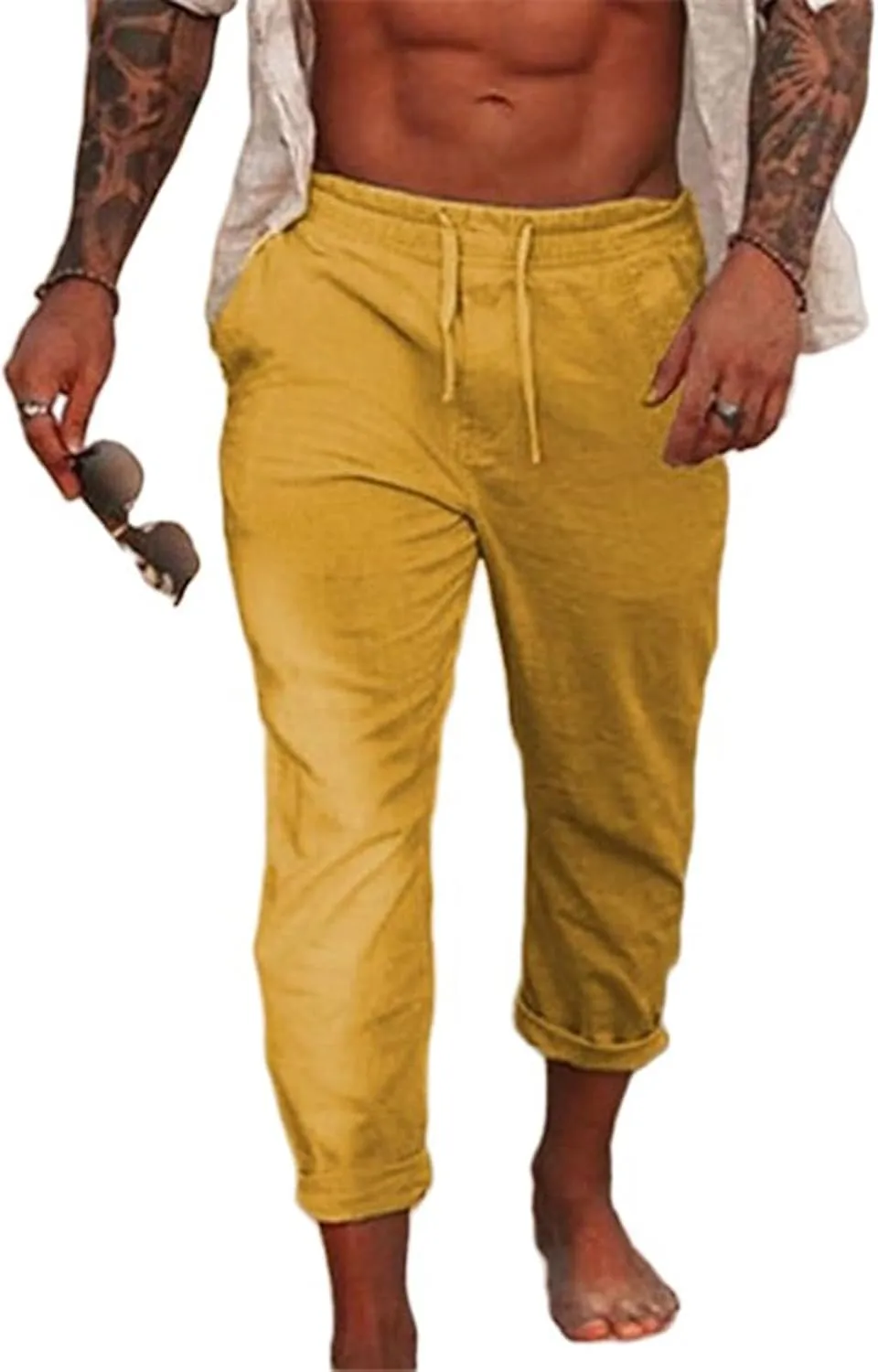 Mens Fashion Cotton Linen Pants Slim Fit Drawstring Lightweight Sweatpants Loose Fit Casual Outdoor Beach Trousers