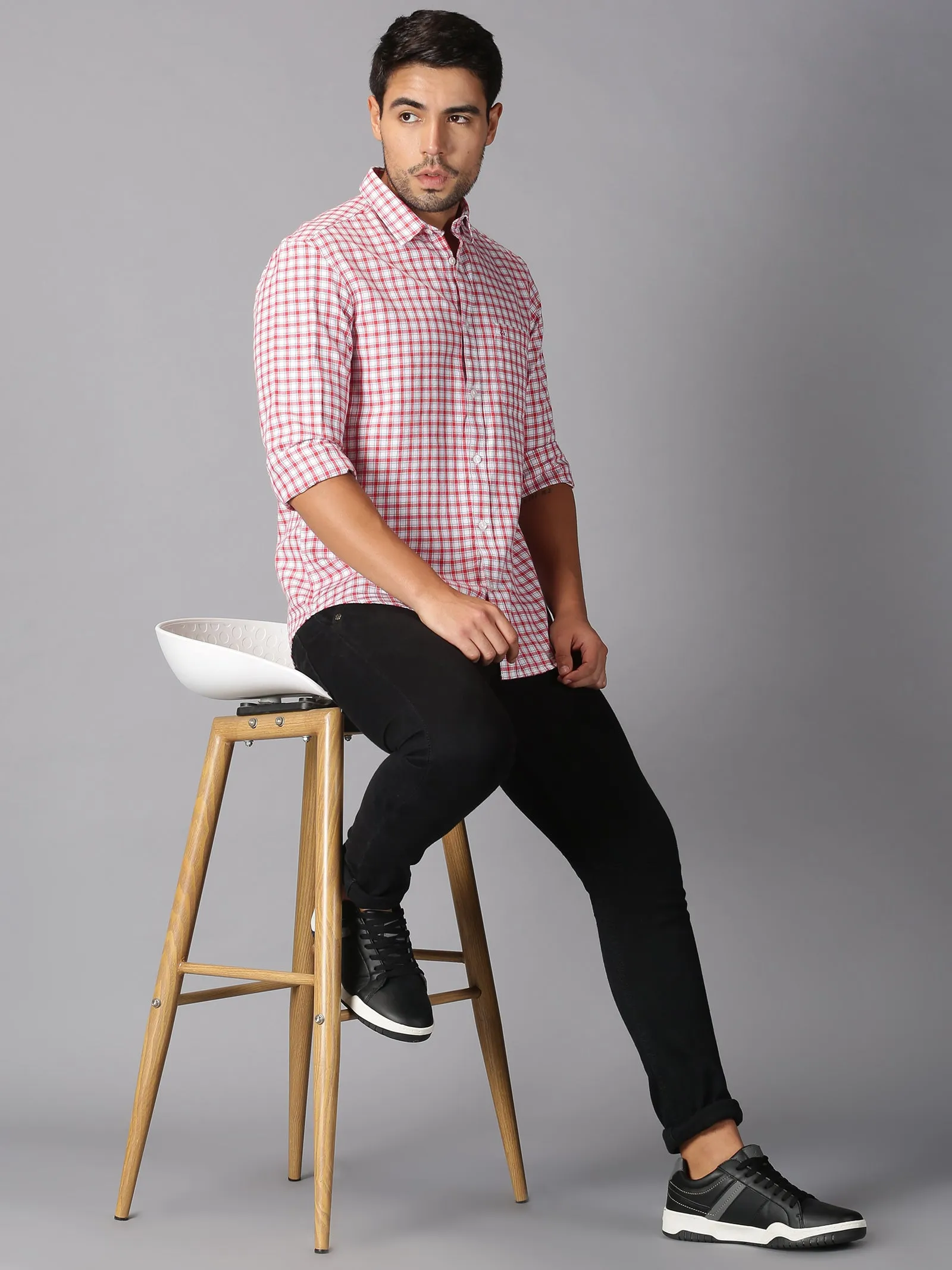 MEN'S RED WHITE CHECK SLIM FIT SHIRT