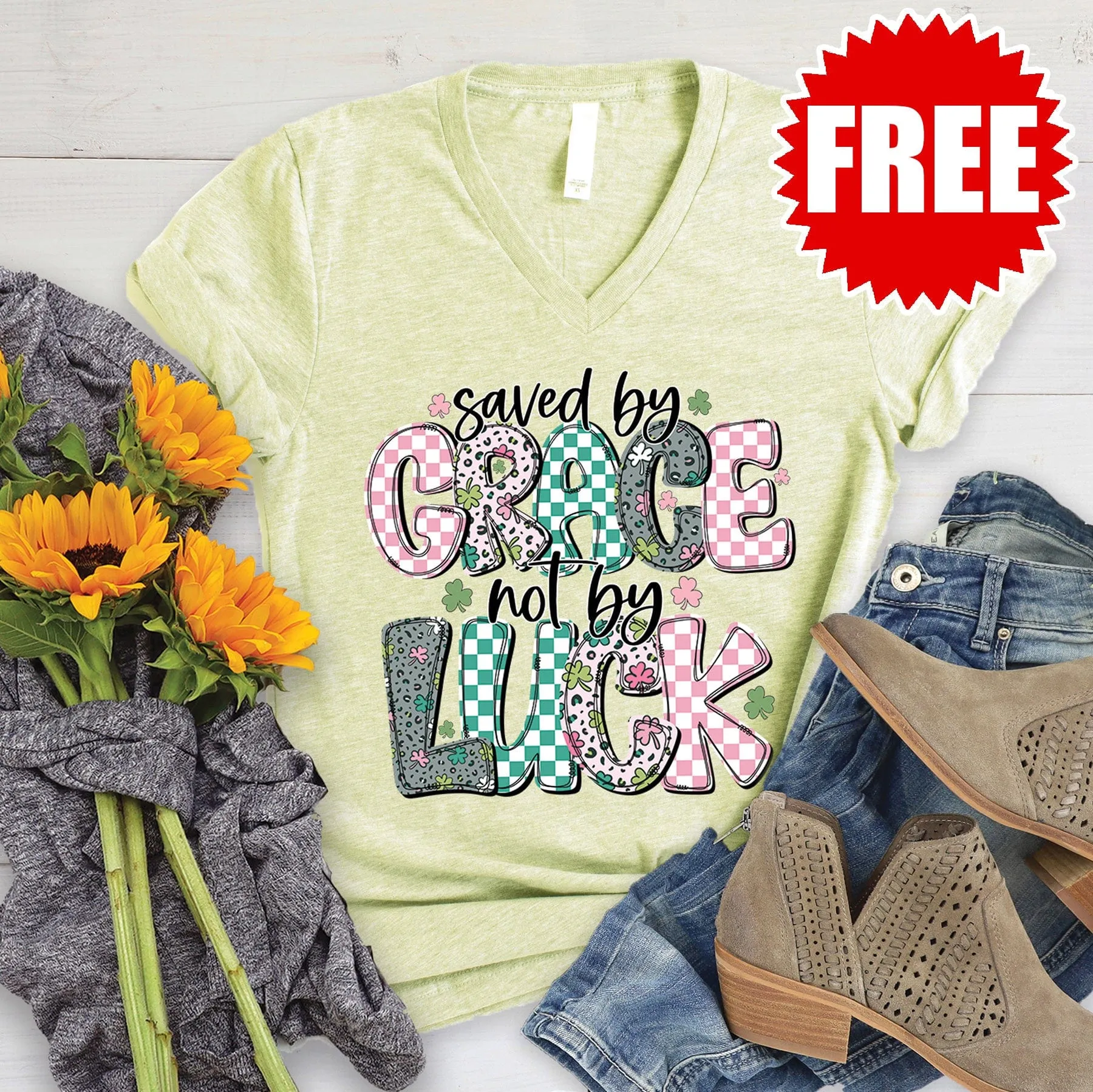 Saved By Grace V-Neck - Heather Light Green
