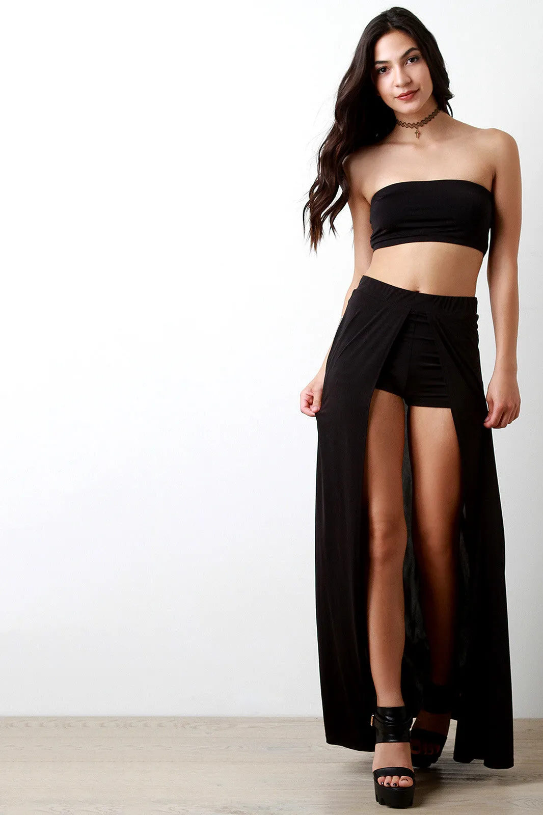 Solid Open Front Inside Shorts Maxi Skirt
