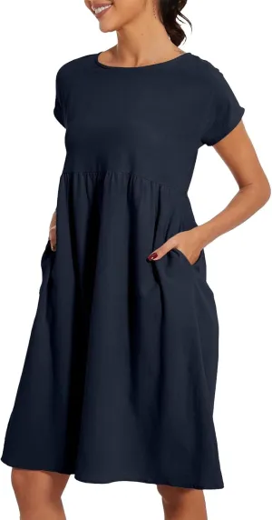 Tshirt Dress Women Plus Size Summer Casual Pleated Flowy Linen Midi Dresses Short Sleeve T Shirt Dress with Pockets