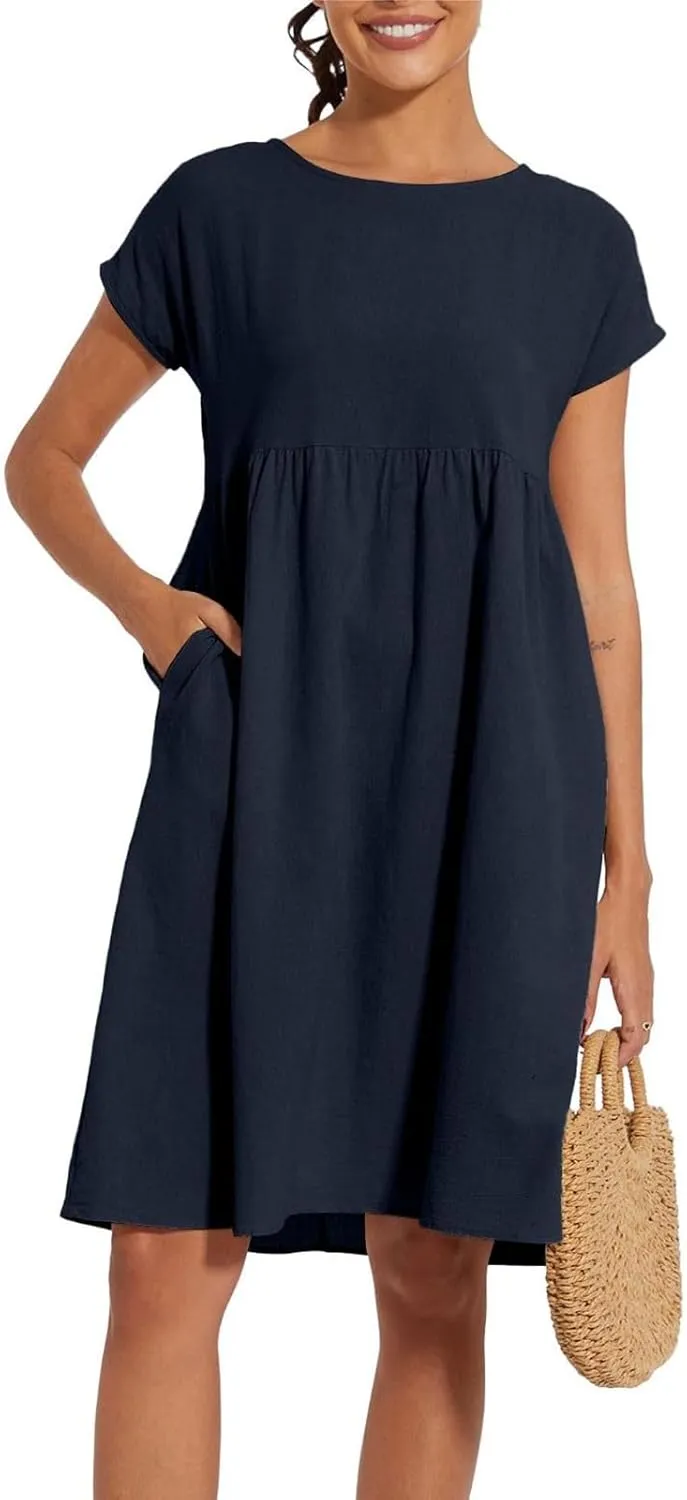 Tshirt Dress Women Plus Size Summer Casual Pleated Flowy Linen Midi Dresses Short Sleeve T Shirt Dress with Pockets