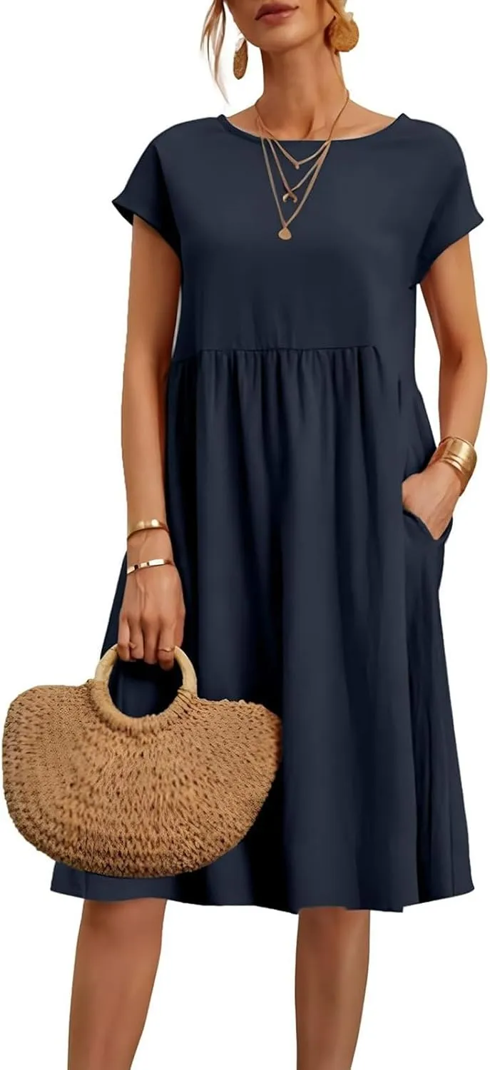 Tshirt Dress Women Plus Size Summer Casual Pleated Flowy Linen Midi Dresses Short Sleeve T Shirt Dress with Pockets