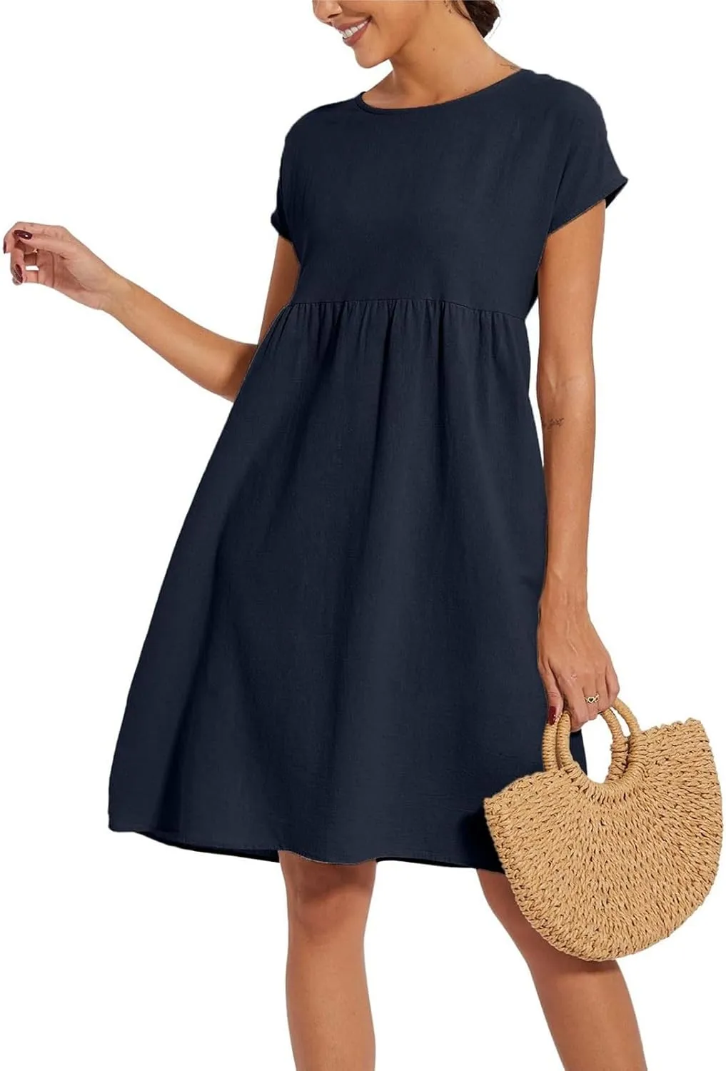 Tshirt Dress Women Plus Size Summer Casual Pleated Flowy Linen Midi Dresses Short Sleeve T Shirt Dress with Pockets