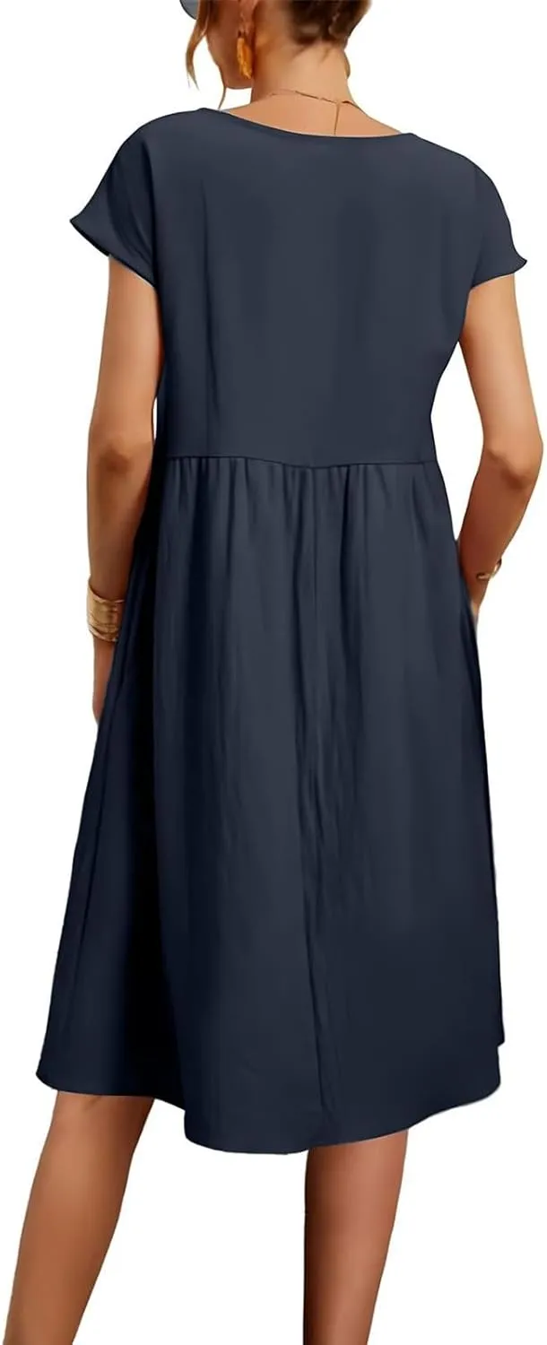 Tshirt Dress Women Plus Size Summer Casual Pleated Flowy Linen Midi Dresses Short Sleeve T Shirt Dress with Pockets