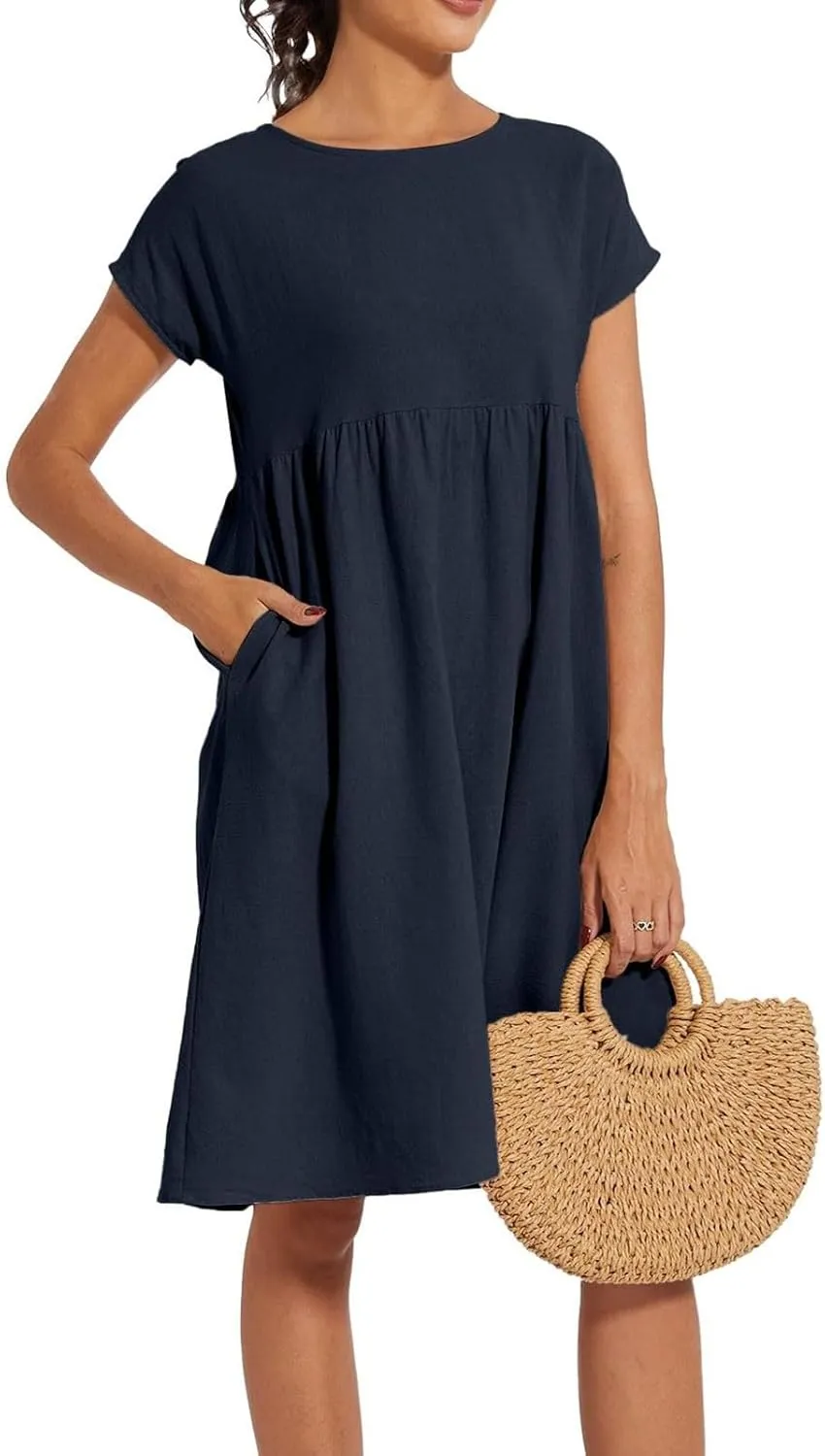 Tshirt Dress Women Plus Size Summer Casual Pleated Flowy Linen Midi Dresses Short Sleeve T Shirt Dress with Pockets