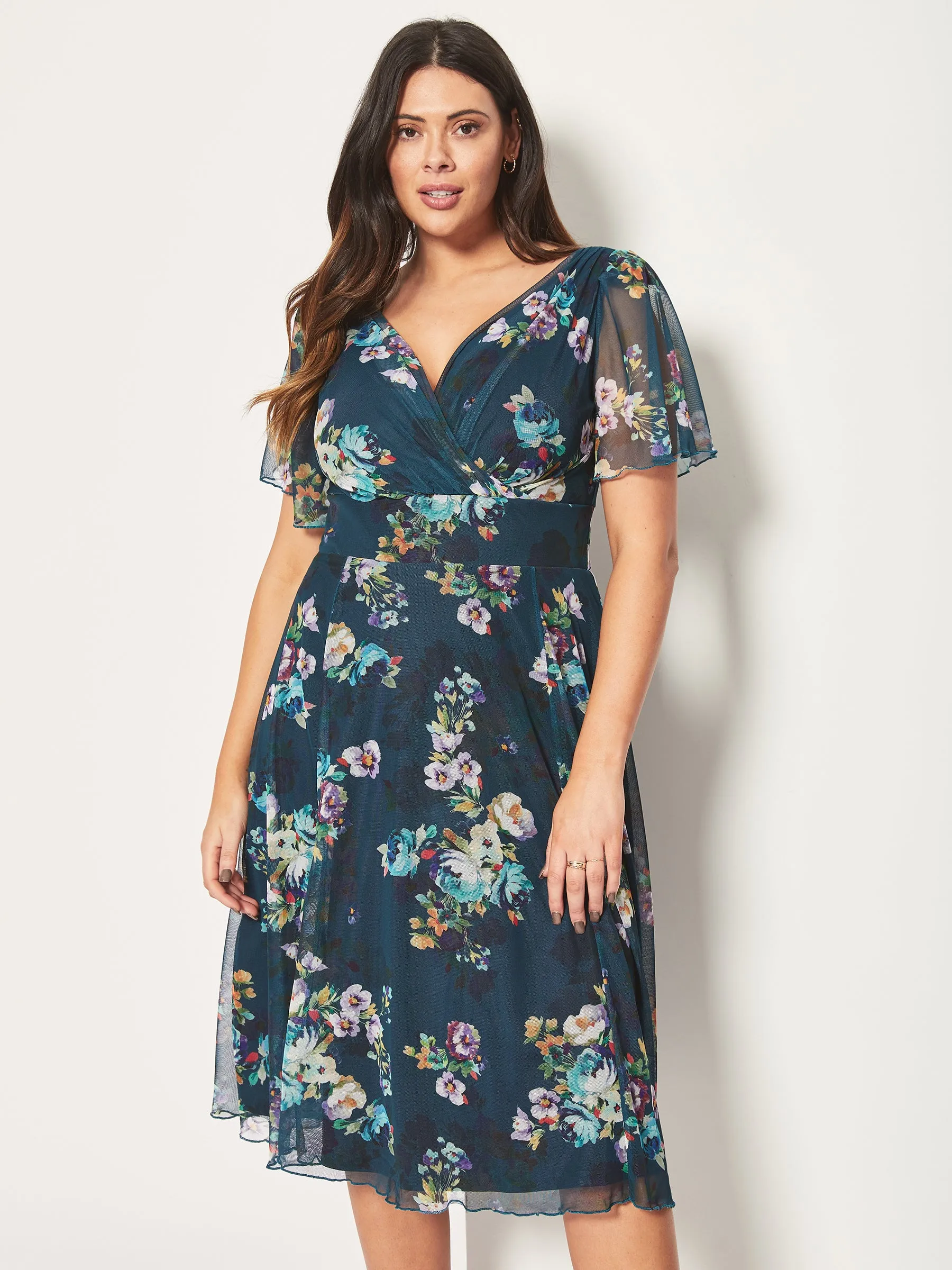 Victoria Teal Multi Angel Sleeve Mesh Midi Dress