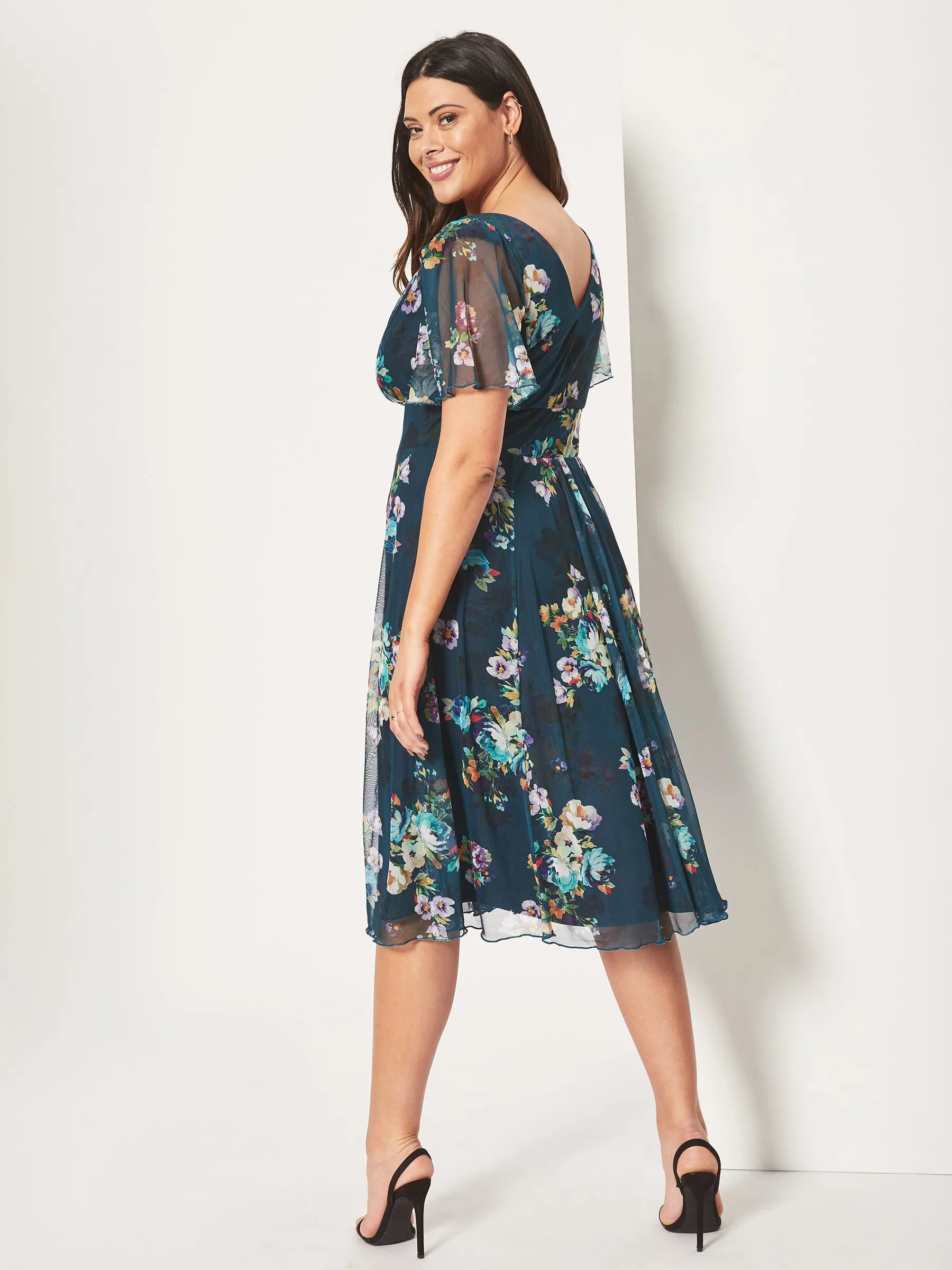 Victoria Teal Multi Angel Sleeve Mesh Midi Dress