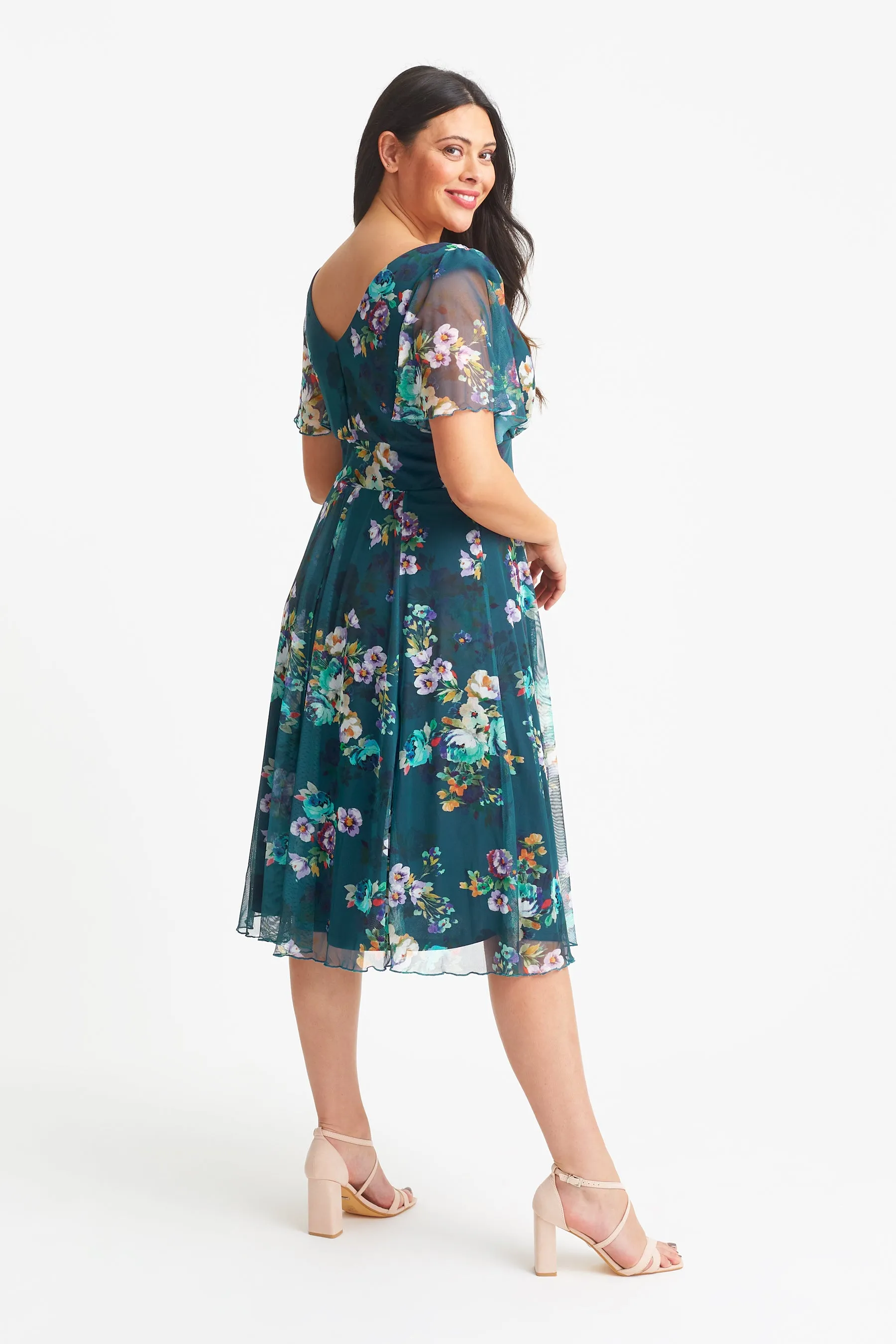 Victoria Teal Multi Angel Sleeve Mesh Midi Dress