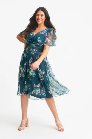 Victoria Teal Multi Angel Sleeve Mesh Midi Dress
