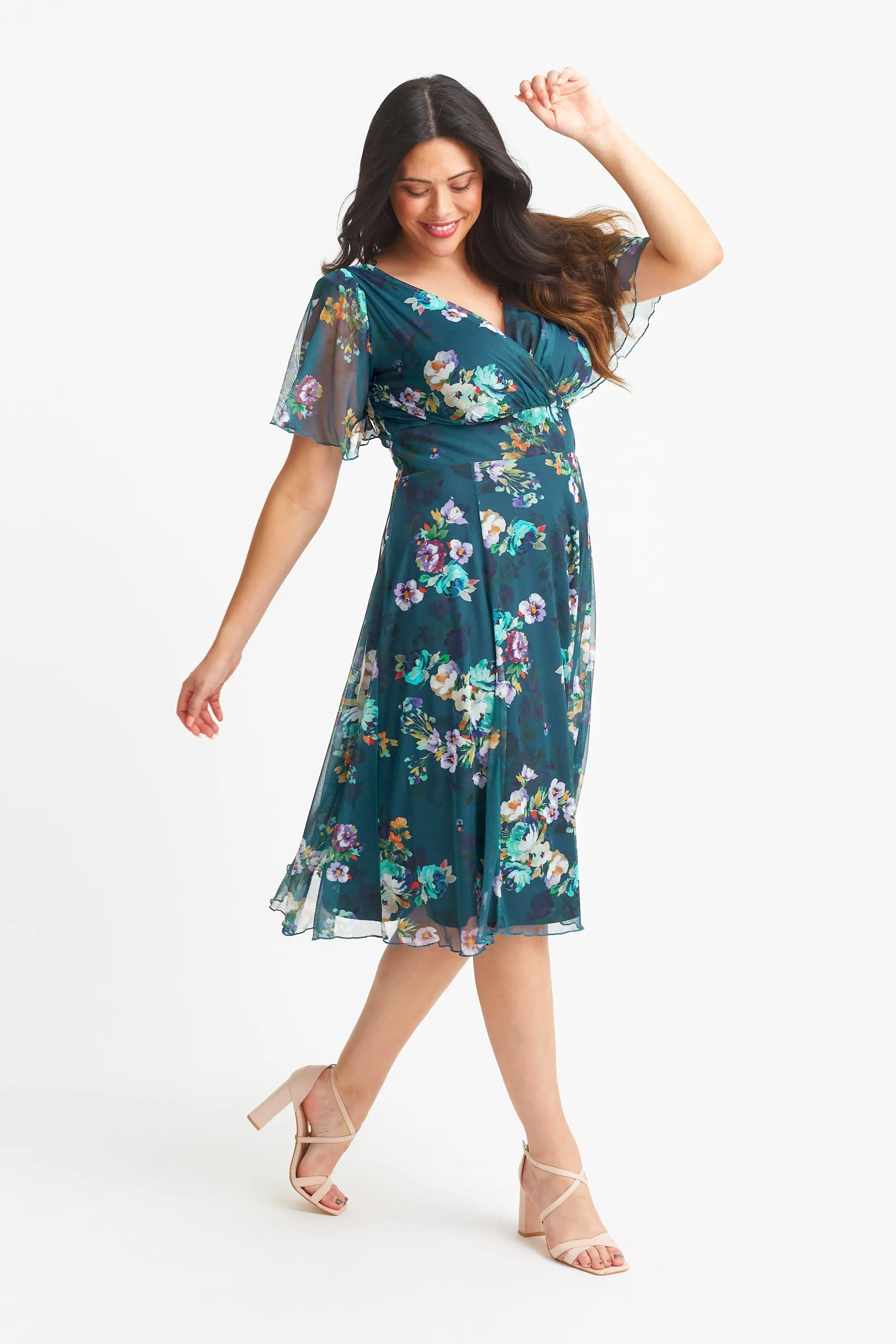Victoria Teal Multi Angel Sleeve Mesh Midi Dress