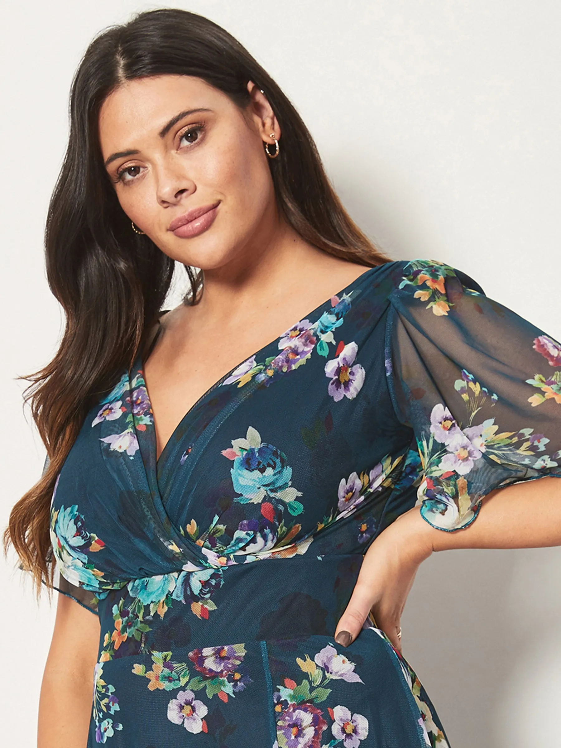 Victoria Teal Multi Angel Sleeve Mesh Midi Dress