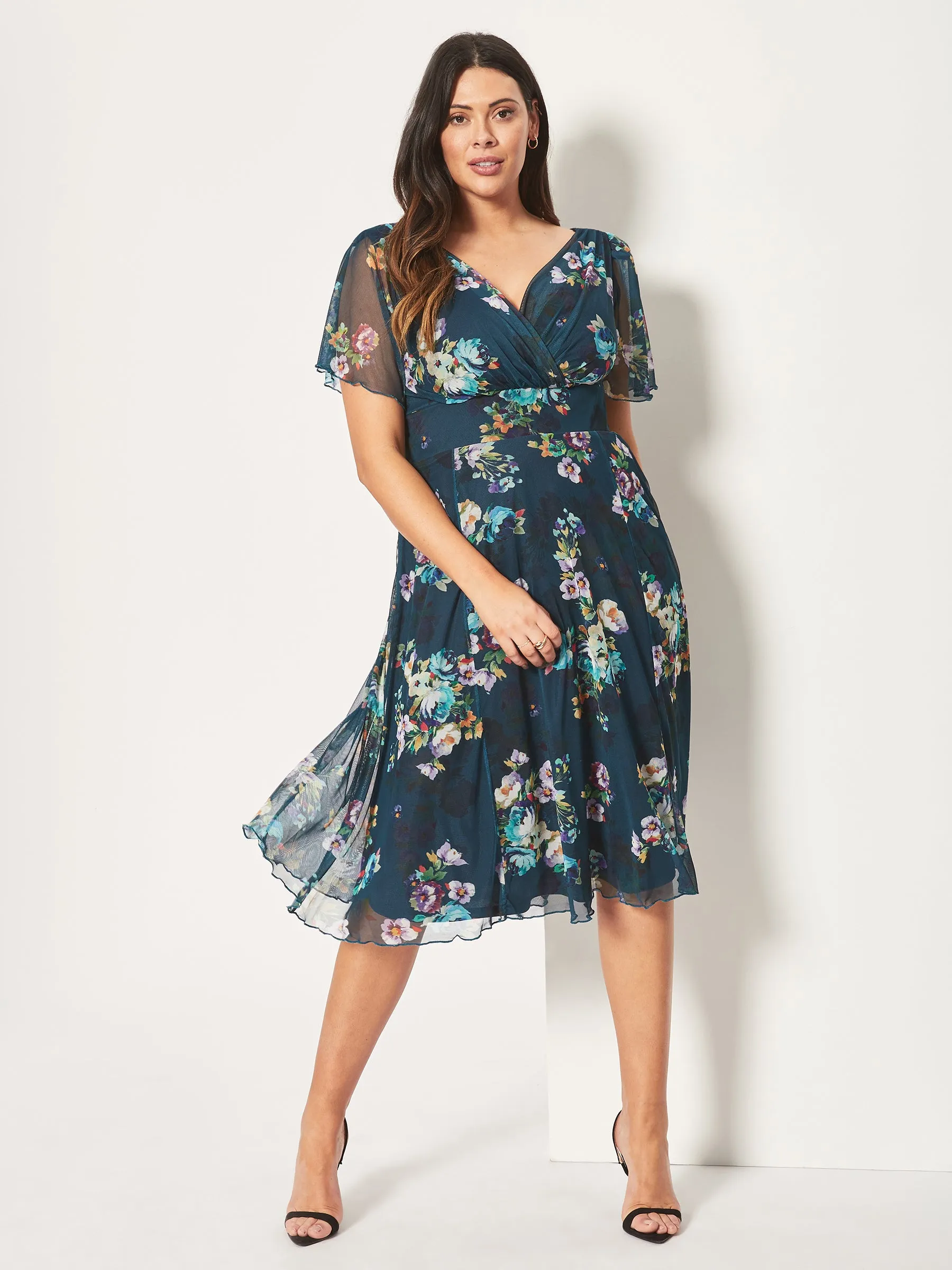 Victoria Teal Multi Angel Sleeve Mesh Midi Dress