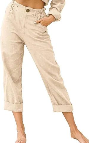 Womens Cotton Linen Pants High Waist Button Elastic Waist Pants Casual Wide Leg Leg Straight Trousers with Pockets