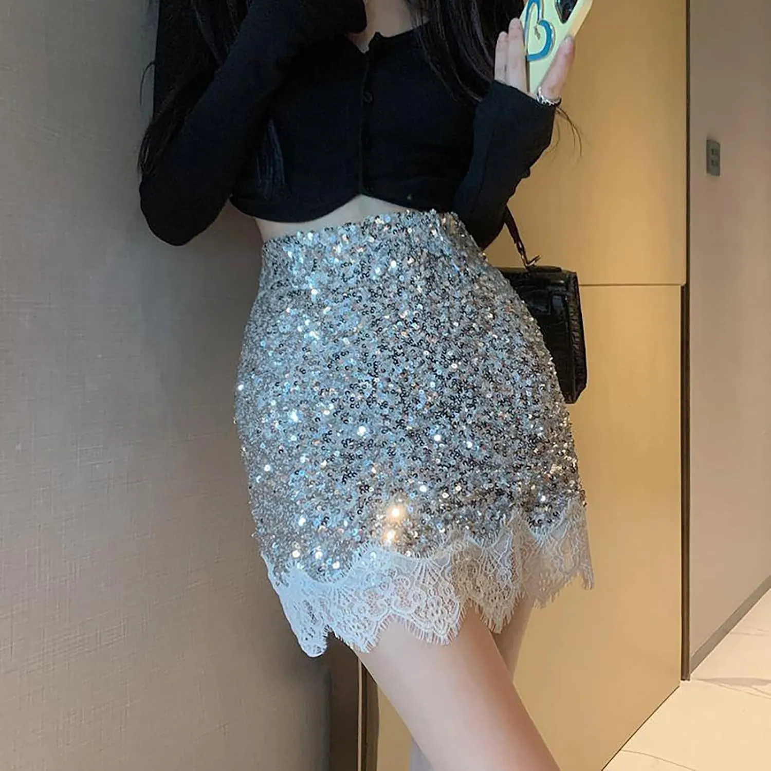 Women's Sequin Skirt for Valentine Sparkle Stretchy Bodycon Mini Glitter Skirt High Waisted 2025 Night Out Party