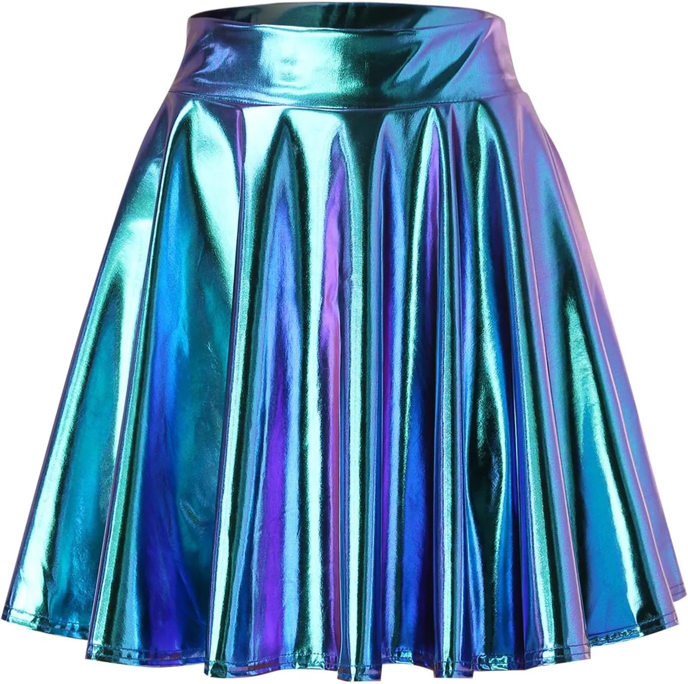 YOLAI Women Glossy Reflective Skirt A Line Pleated Skirt Sexy High Waist Mini Short Skirts
